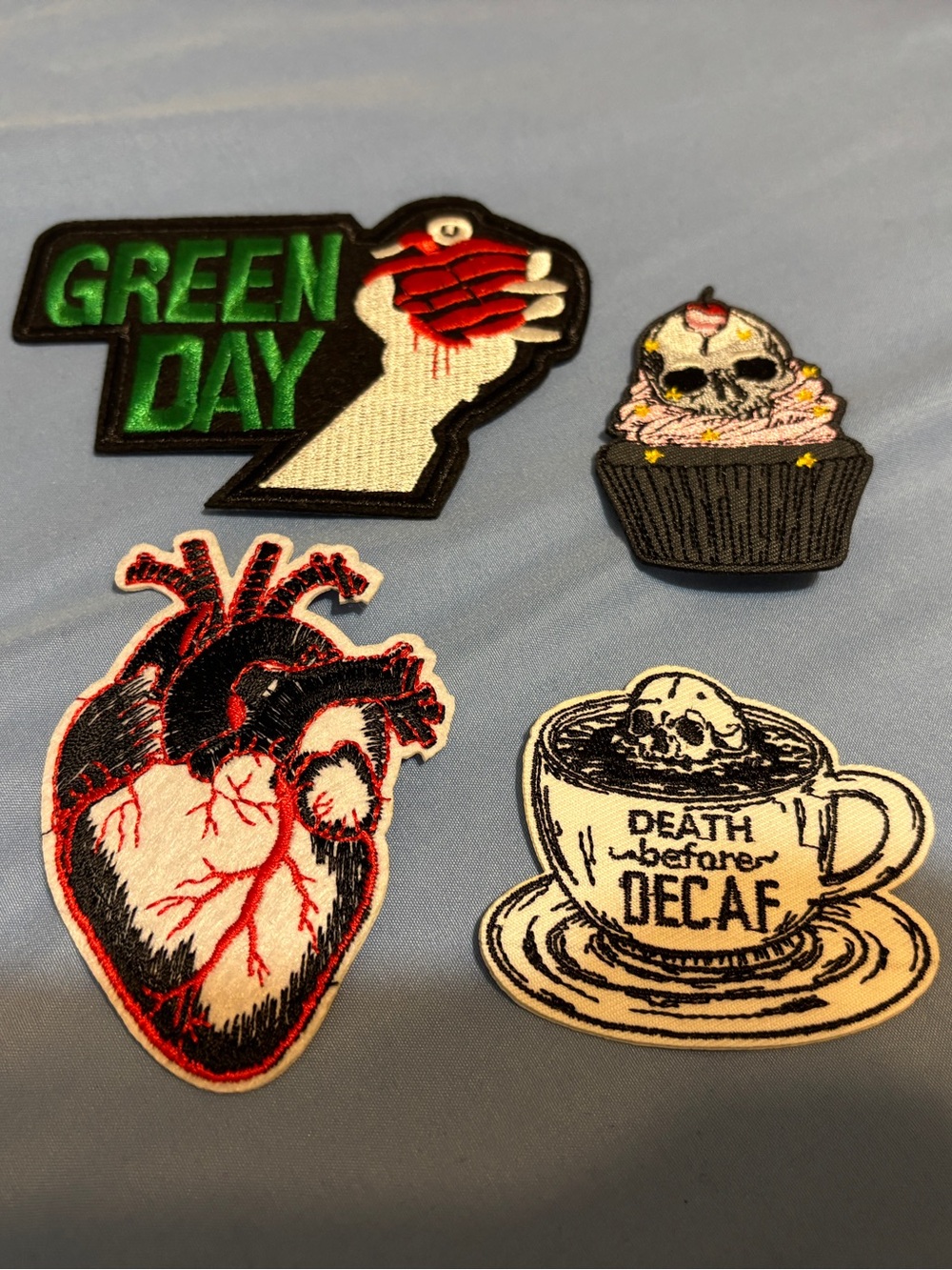Bundle of 4 Iron On Patches - Green Day, Heart, Death Before Decaf, Cupcake